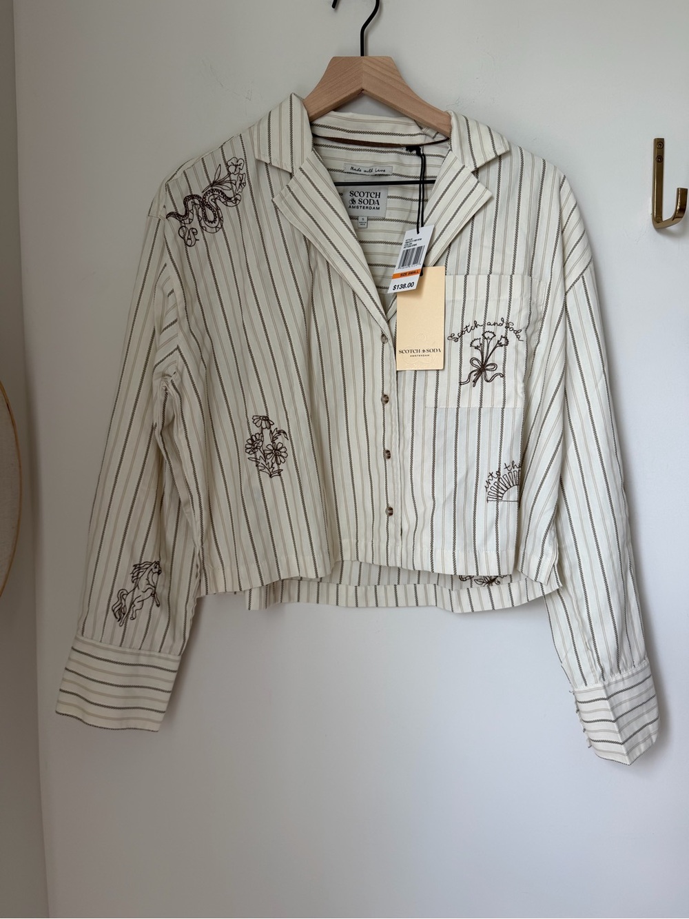 Cream brown striped Embroidered Button-Down Shirt